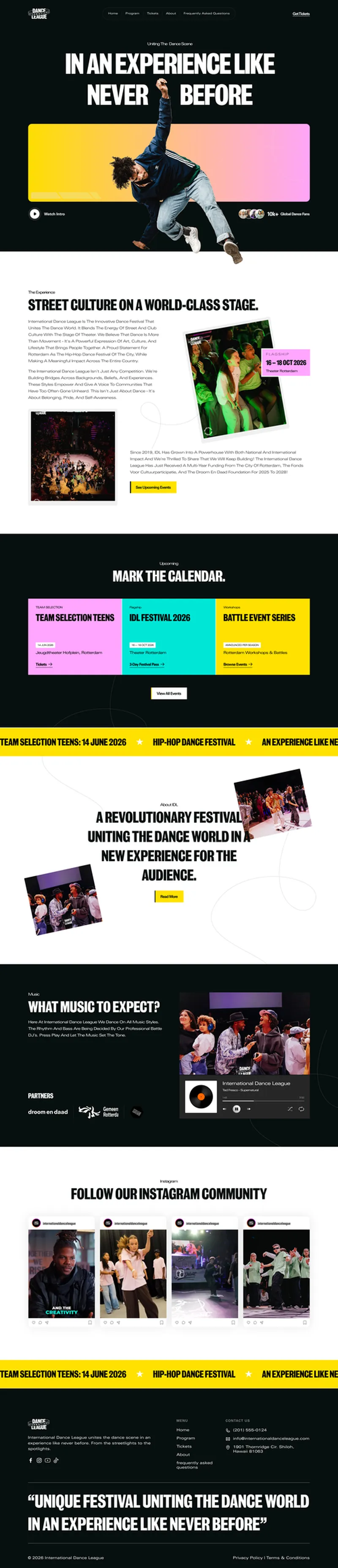 Website redesign for International Dance League hip hop dance festival created by Draftss