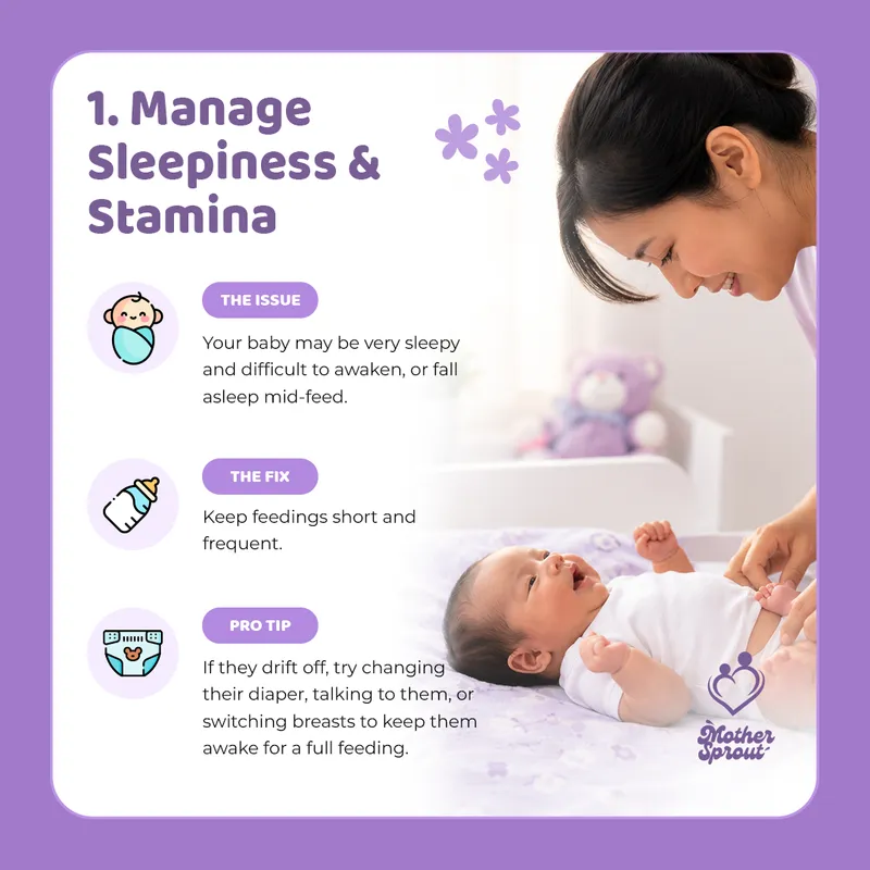 Breastfeeding tips for managing sleepiness and stamina in preterm babies, created by Draftss