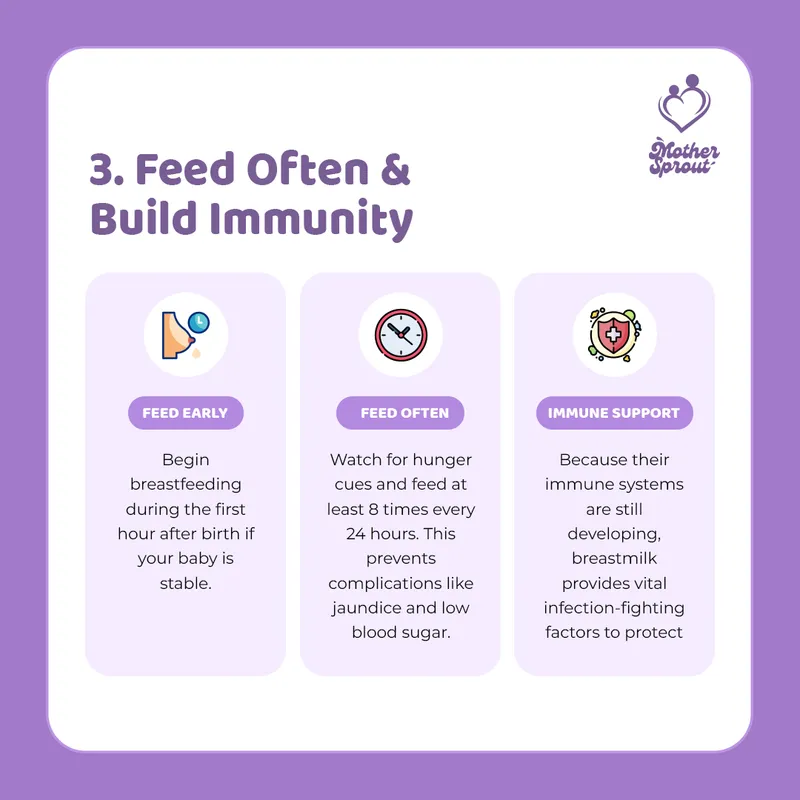 Breastfeeding infographic promoting frequent feeding and infant immunity, created by Draftss.