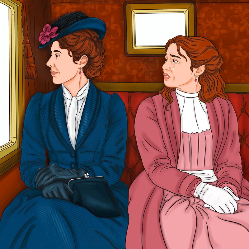 Historical illustration of two women seated together inside a train carriage.