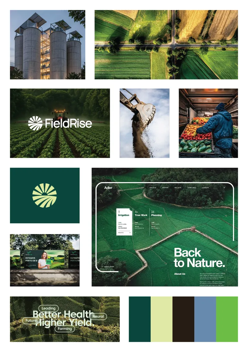 FieldRise agricultural brand identity presentation with logo and website mockups, created by Draftss.