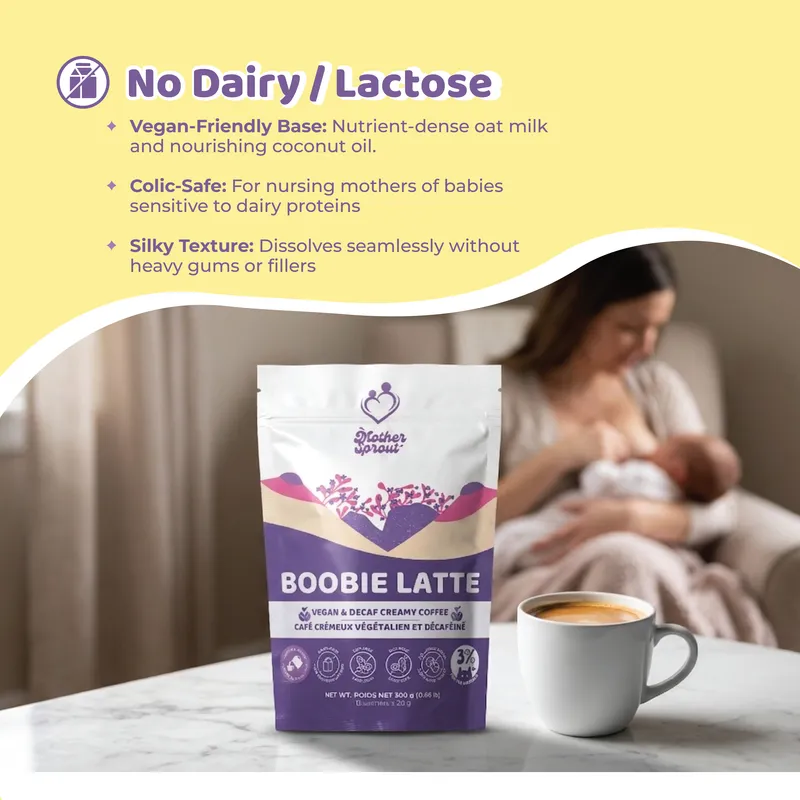 Mother Sprout Boobie Latte highlighting dairy-free and lactose-free ingredients, created by Draftss