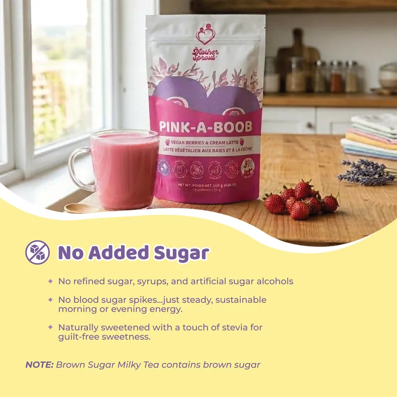 Mother Sprout Pink-A-Boob product promoting no added sugar benefits, created by Draftss
