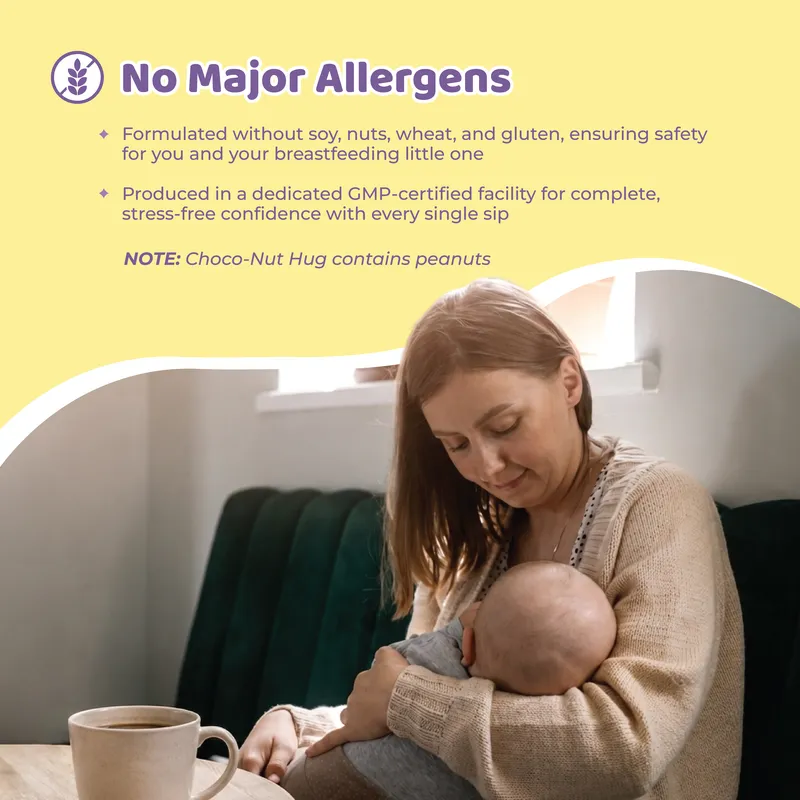 Mother Sprout infographic highlighting allergen-friendly ingredients for nursing mothers, created by Draftss