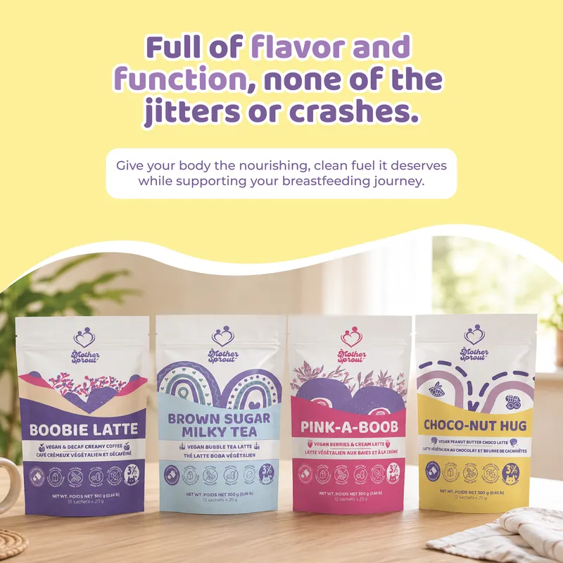 Mother Sprout product collection featuring breastfeeding-friendly functional beverages, created by Draftss
