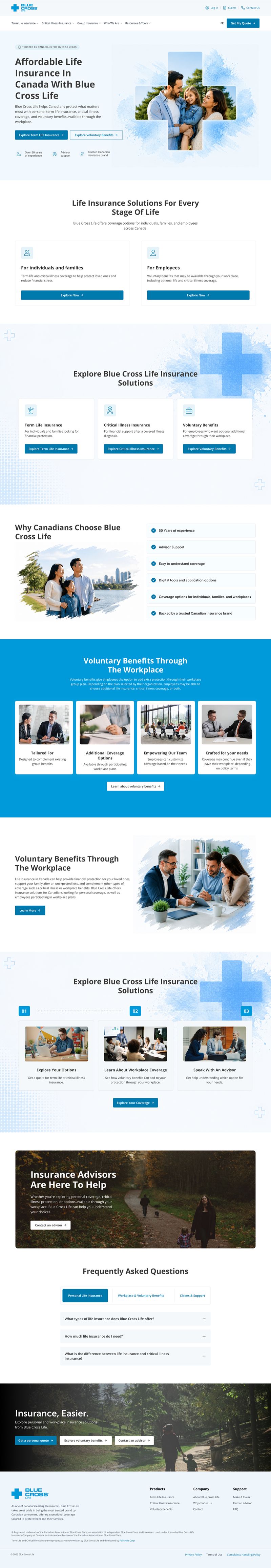Blue Cross Life website design featuring insurance solutions, benefits, and coverage options.