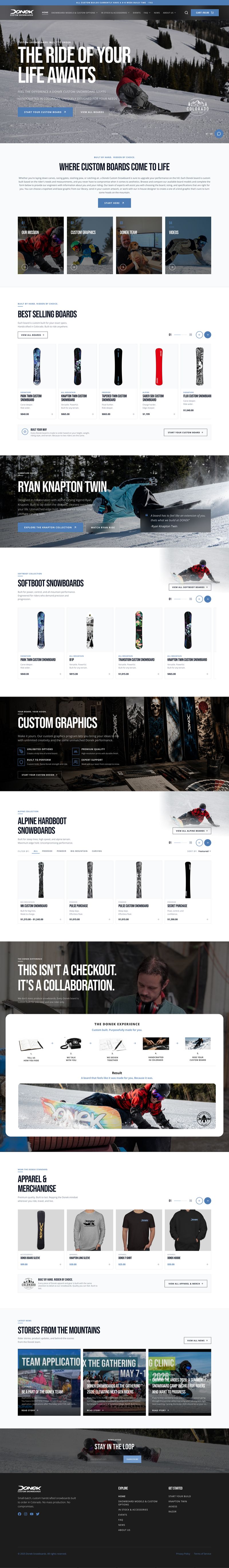 Snowboard website design featuring custom boards, products, riders, and apparel.
