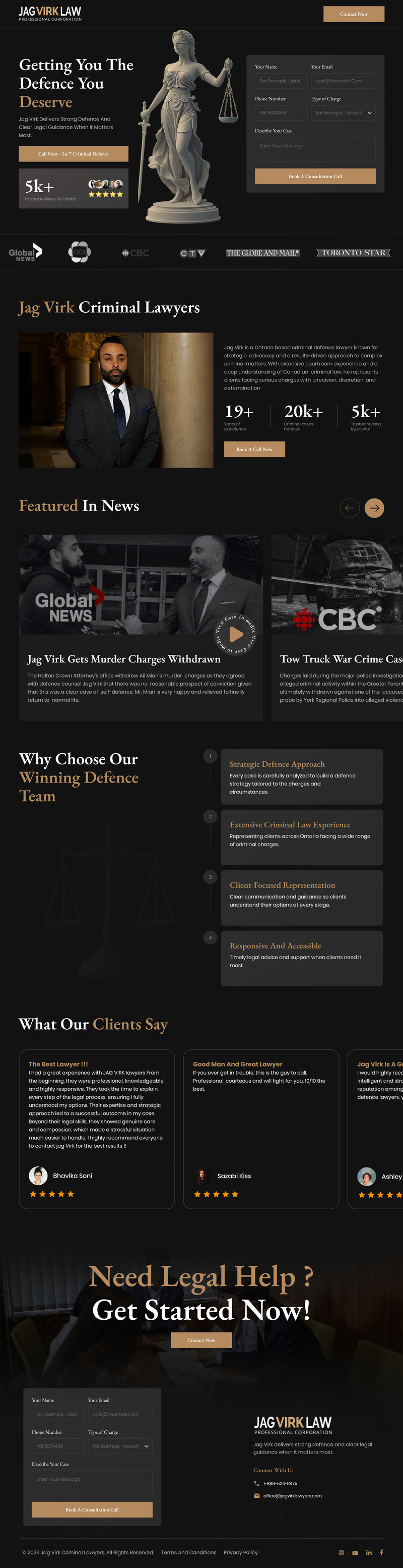 Criminal law firm website UI with attorney profile, legal services, and consultation form, created by Draftss