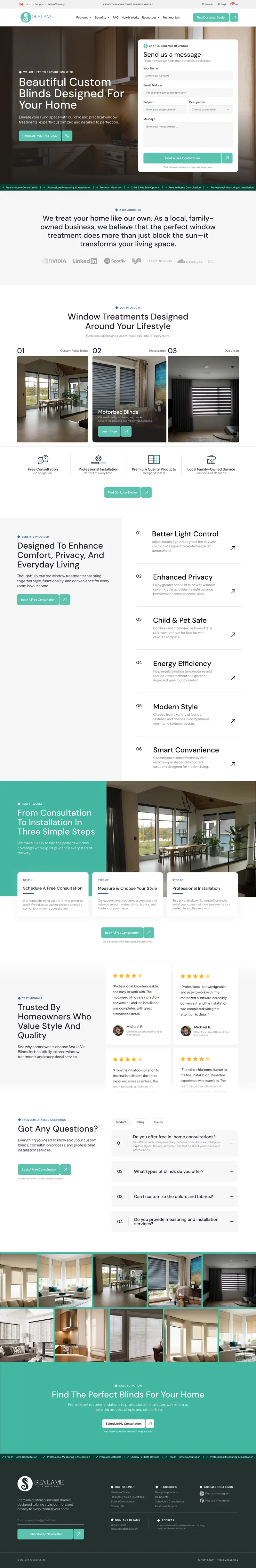 Responsive website UI for a window blinds and treatments company with service highlights, testimonials, and consultation booking, created by Draftss