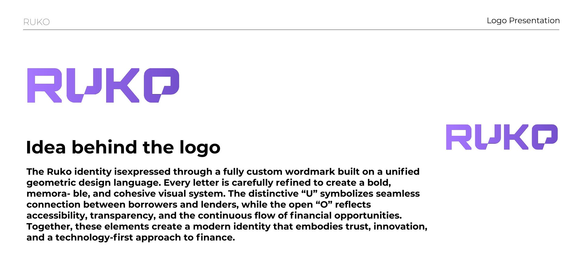 RUKO purple logo concept with geometric wordmark and logo explanation
