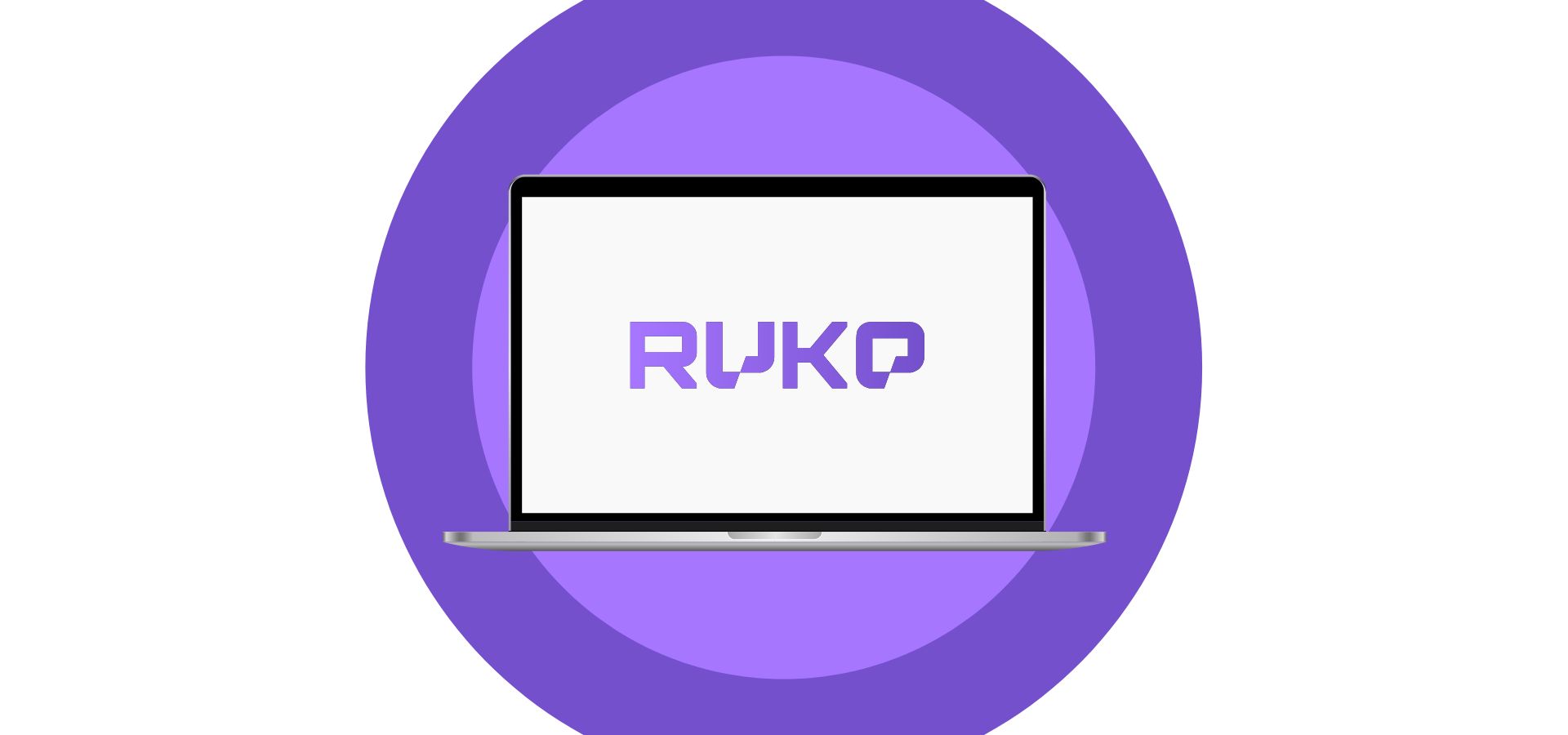RUKO purple logo displayed on a laptop with a purple circular background