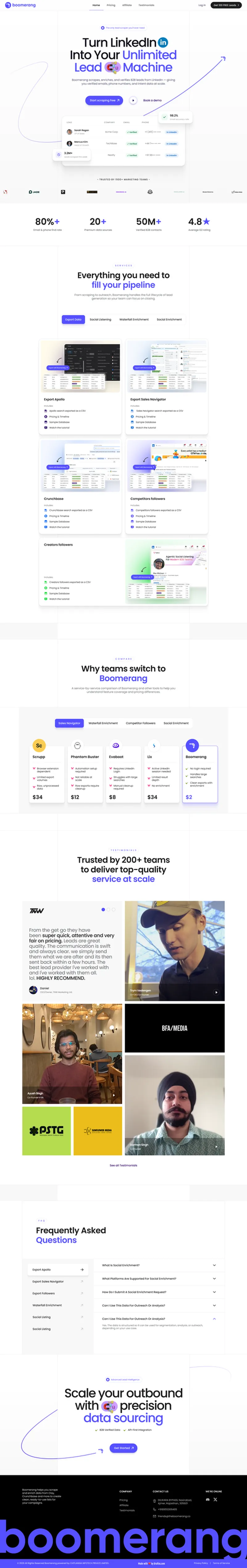 Homepage design for Boomerang LinkedIn lead generation tool created by Draftss
