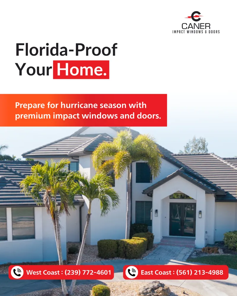 Promotional graphic for hurricane-resistant windows and doors by Caner Impact Windows, created by Draftss