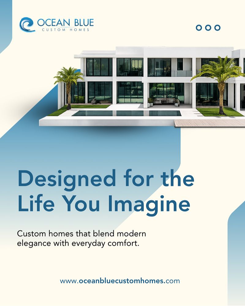 Ocean Blue Custom Homes branding graphic featuring a modern luxury home