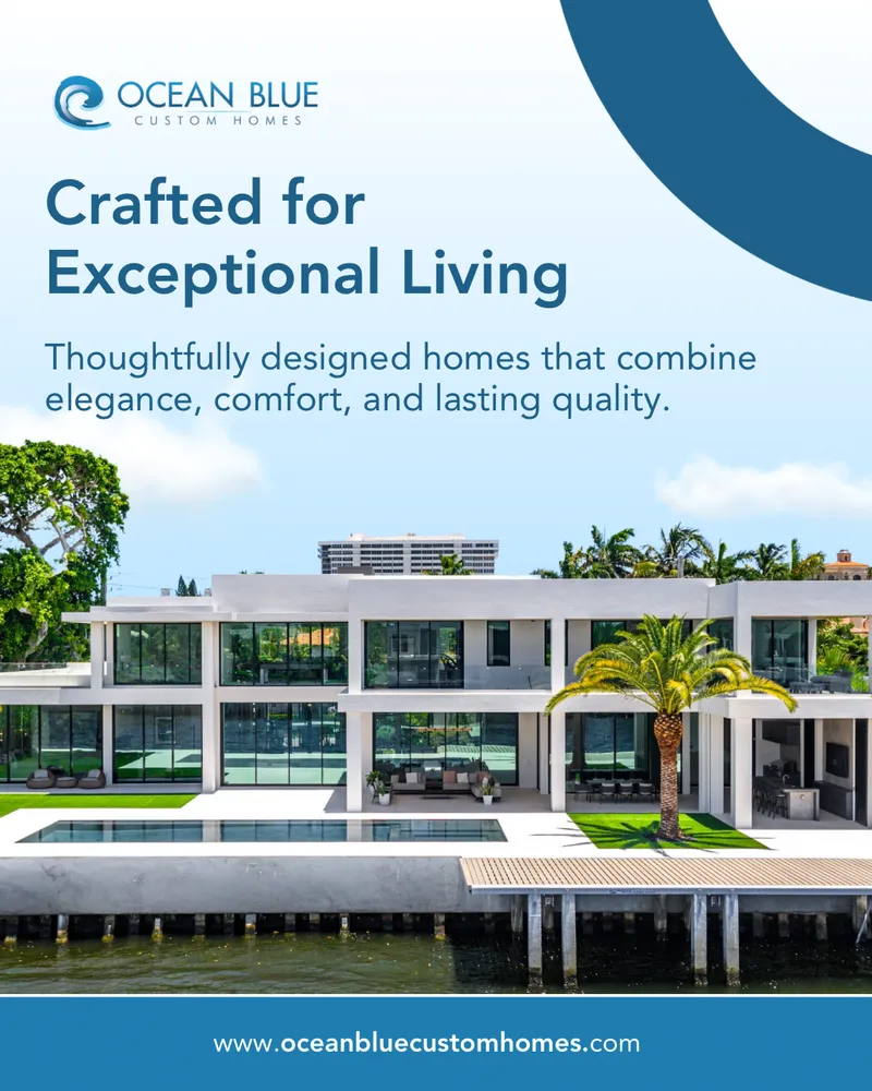 Luxury custom home promotional graphic for Ocean Blue Custom Homes, created by Draftss