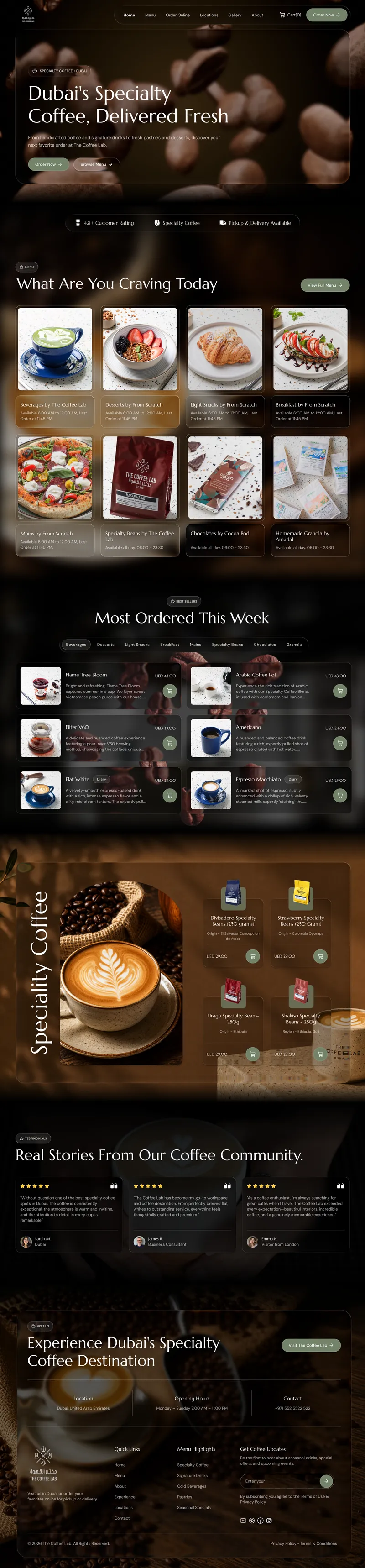 Premium coffee shop website UI showcasing specialty coffee menu, products, testimonials, and online ordering experience, created by Draftss