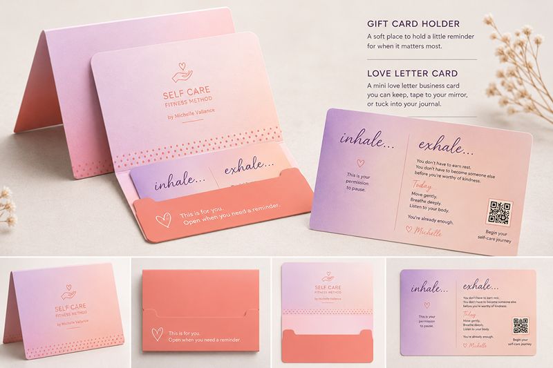 The Self Care Fitness Method gift card and love letter card design in pink and purple