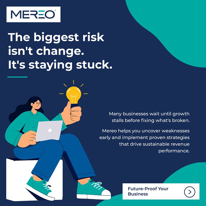 MereO business graphic featuring an illustrated woman holding a light bulb