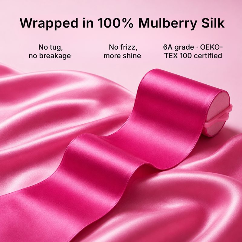 Pink mulberry silk fabric graphic highlighting reduced frizz and hair breakage