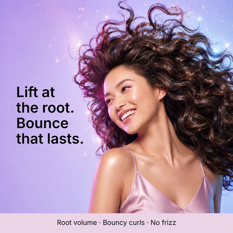 Beauty social media graphic featuring a woman with voluminous curly hair