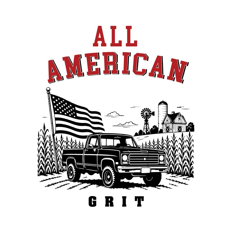 All American Grit illustration featuring an American flag, pickup truck, and farm landscape.