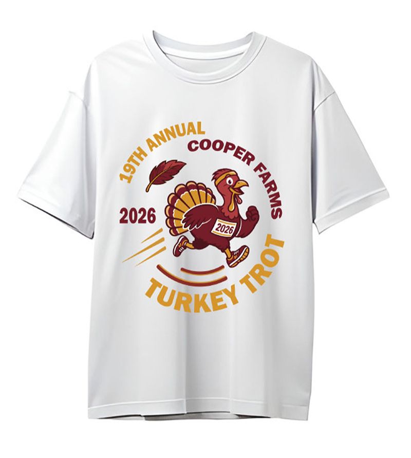 Turkey Trot 2026 event T-shirt design featuring a colorful turkey illustration.