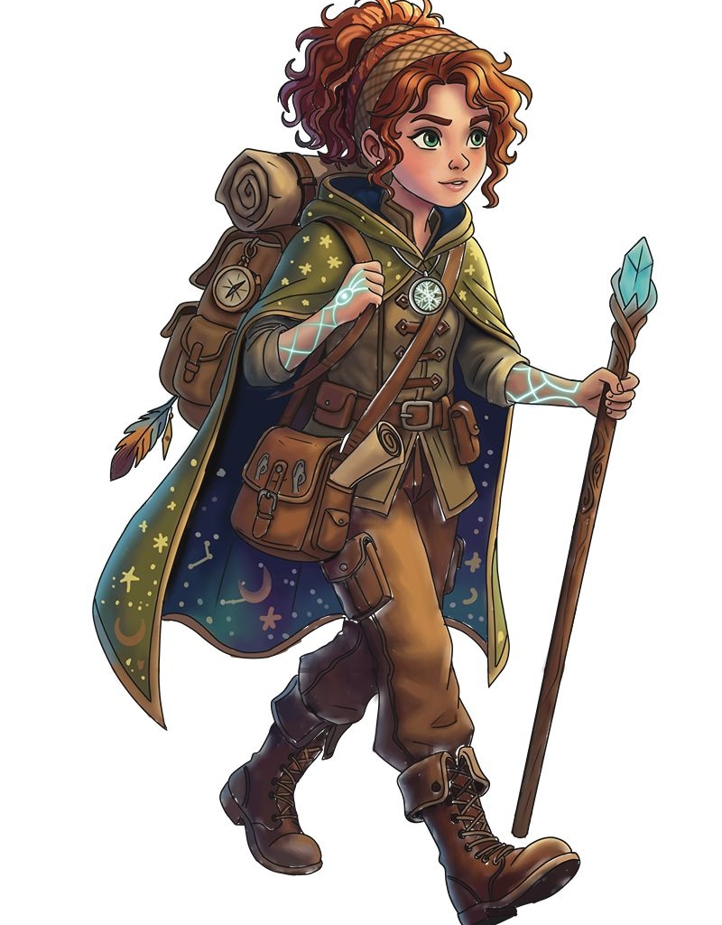 Fantasy character illustration of a young adventurer carrying a staff and backpack.