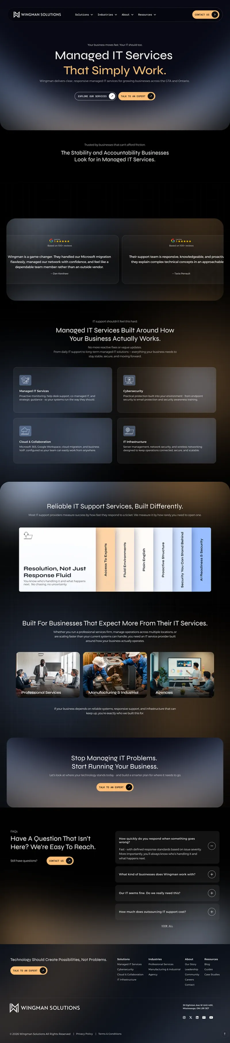 Homepage design for Wingman Solutions with modern conversion-focused layout created by Draftss