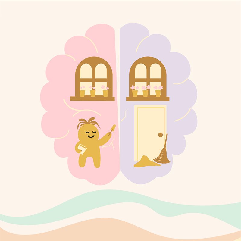 Minimal pastel illustration of a character beside two decorative doorways.