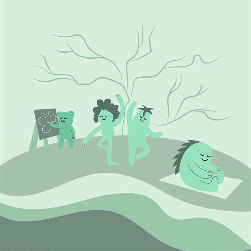 Minimal wellness illustration showing people relaxing in a natural landscape.