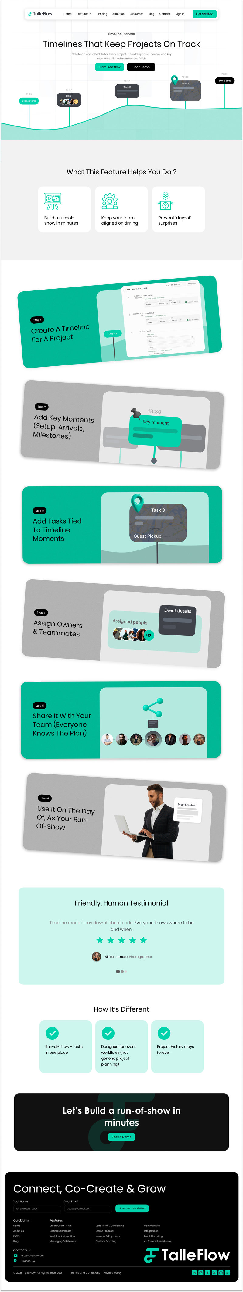 Timeline planning SaaS website UI with project management features and workflows, created by Draftss