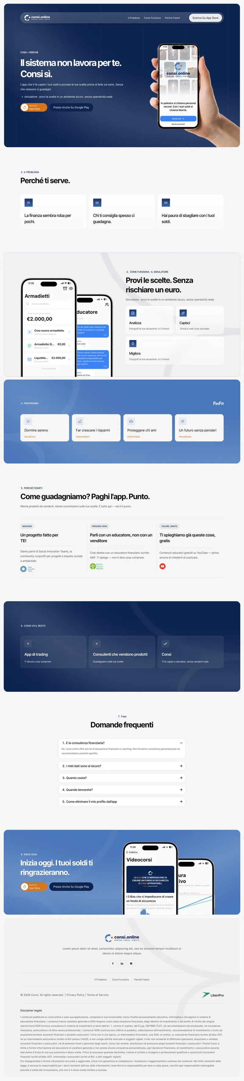 Finance app landing page UI showcasing personal finance education, mobile app features, FAQs, and call-to-action sections, created by Draftss