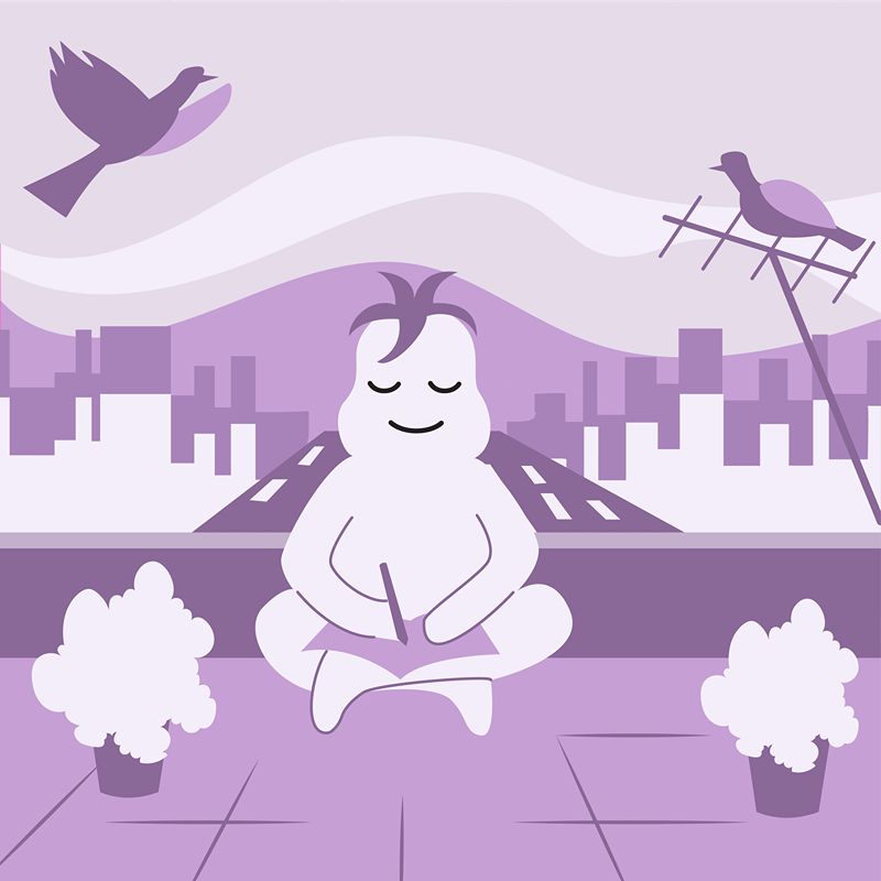 Purple wellness illustration of a person meditating in an urban landscape.