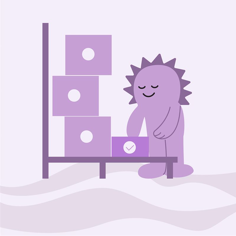 Minimal purple illustration of a character arranging blocks on a shelf.