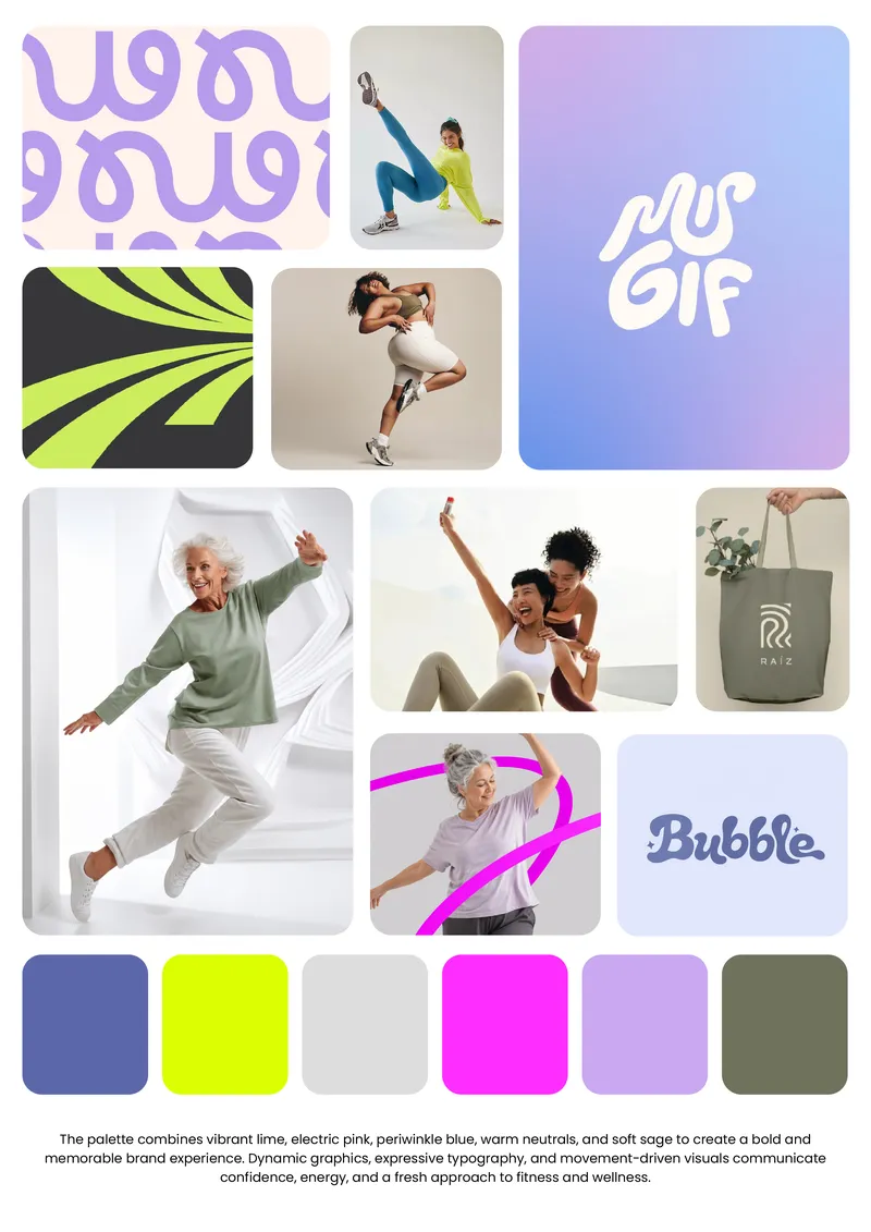 Fitness and wellness brand mood board with color palette and visual identity, created by Draftss
