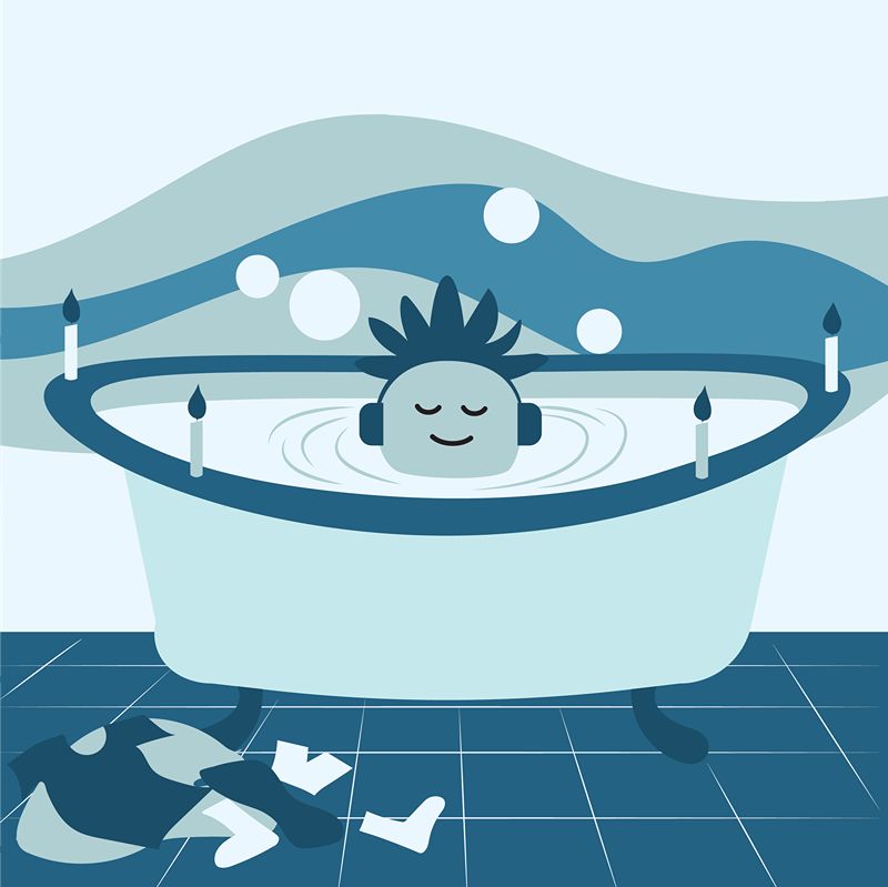 Minimal illustration of a person relaxing in a bathtub surrounded by water and mountains.