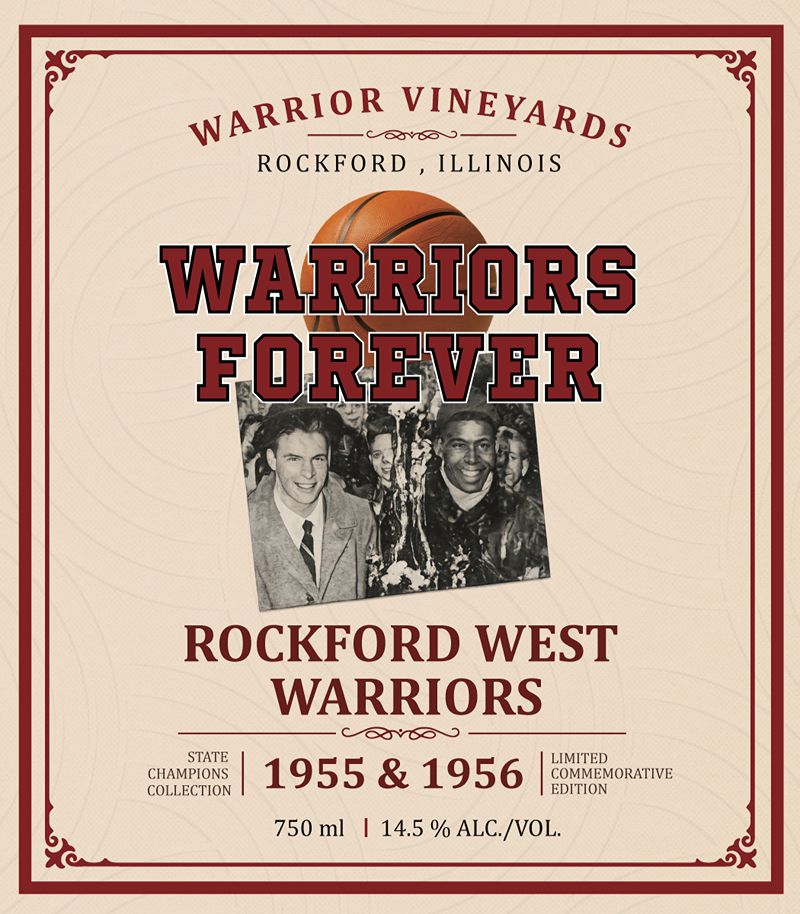 Warriors Forever wine label featuring Rockford West Warriors and vintage photographs.