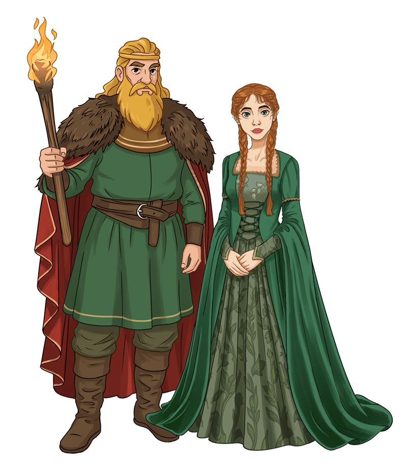 Illustrated medieval characters in detailed green costumes.