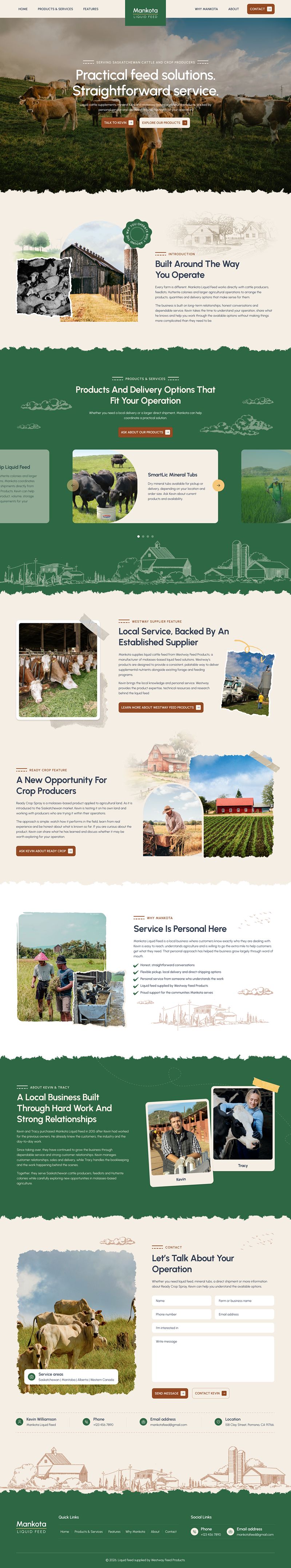 Mankota Liquid Feed one-page website design for livestock feed products and farm services.