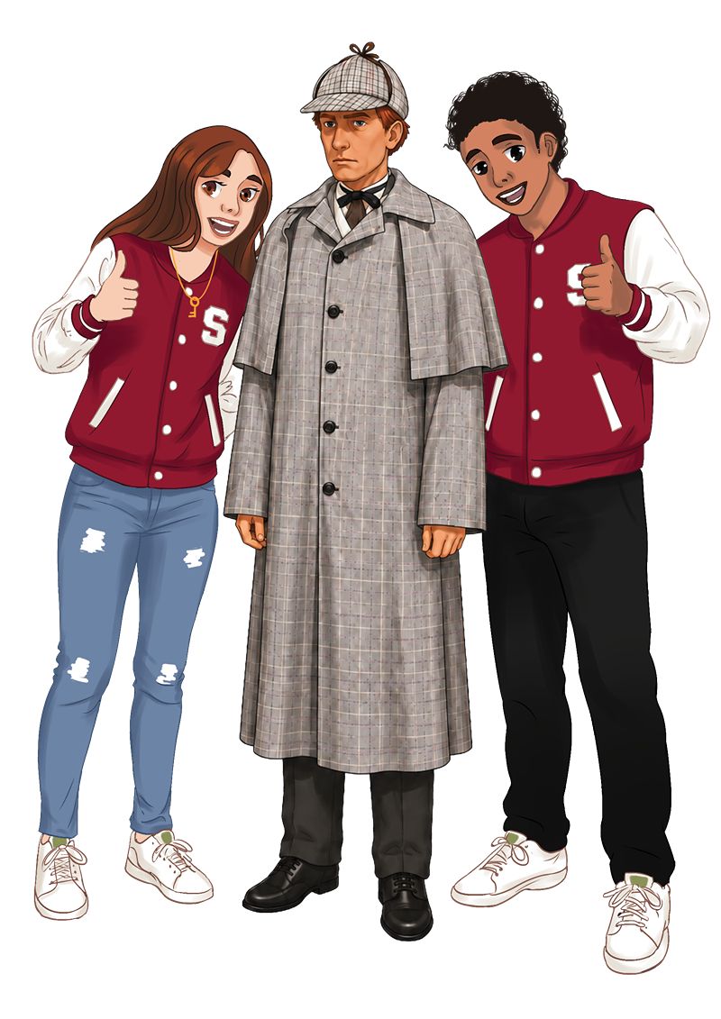 Illustrated detective with two young characters.