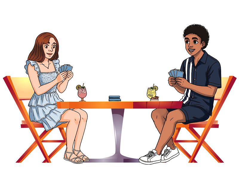Illustrated characters playing cards at a cafe