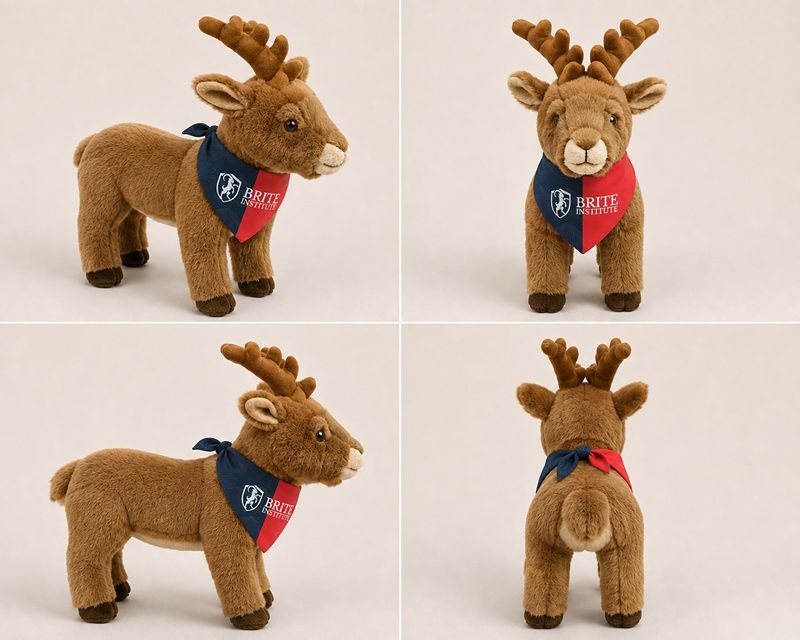 Brite Institute branded reindeer plush toy with bandana.