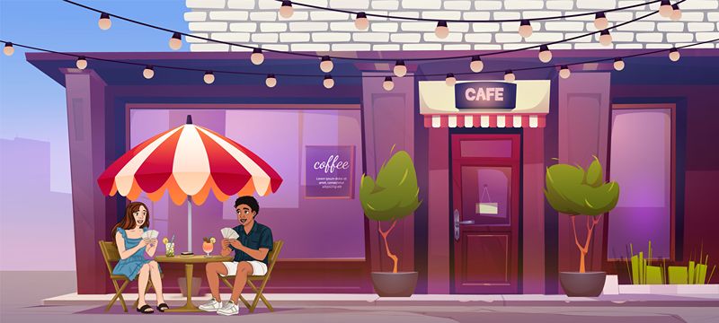 Colorful cafe illustration with two characters sitting outdoors.