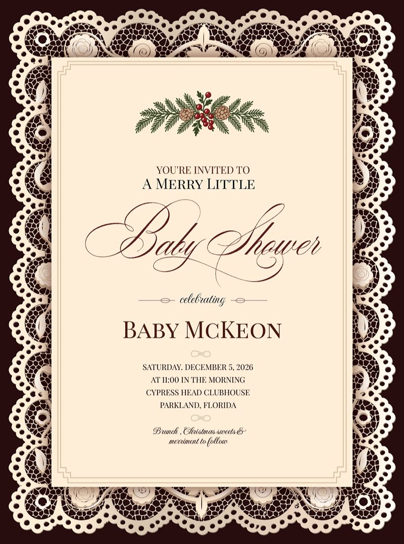 Elegant baby shower invitation with decorative lace artwork.