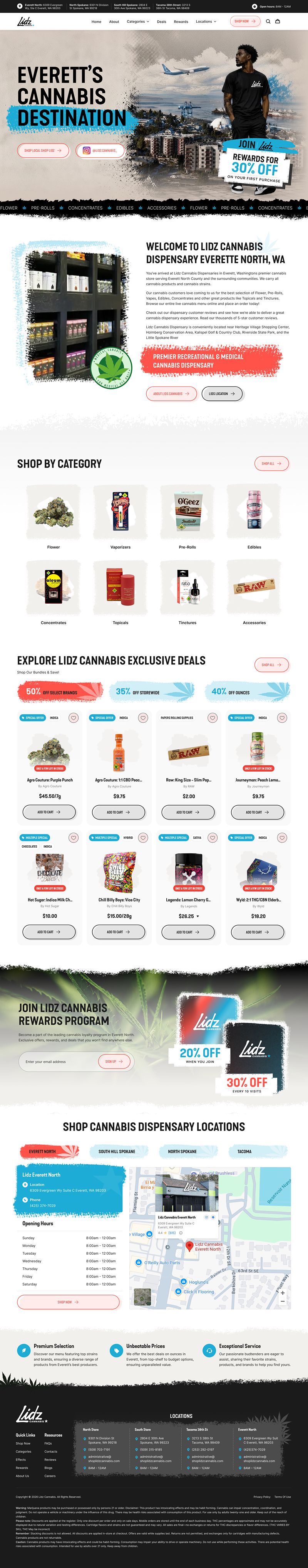 Lidz Cannabis Everett North website design featuring cannabis products, deals, rewards, and dispensary location.