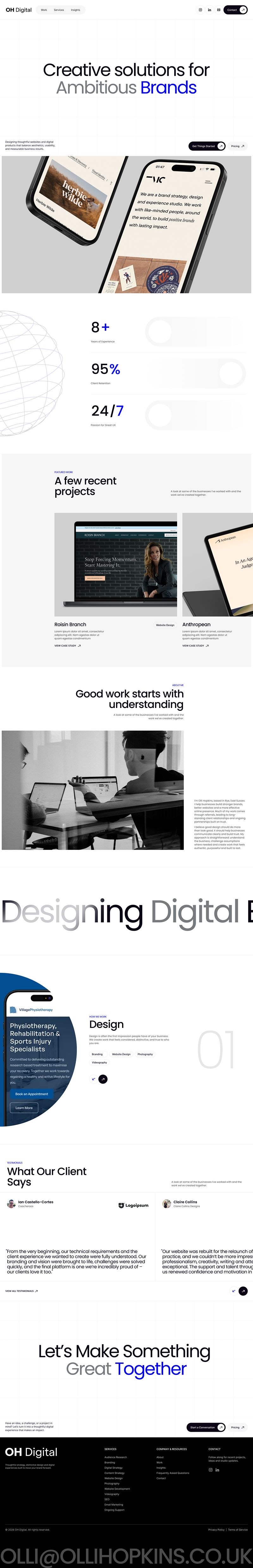 OH Digital UK homepage design showcasing branding, web design projects, services, and client testimonials.