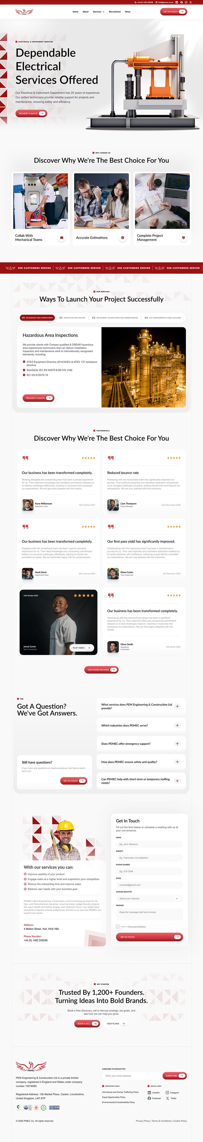 PEM Engineering and Construction website design showcasing electrical and instrumentation services.