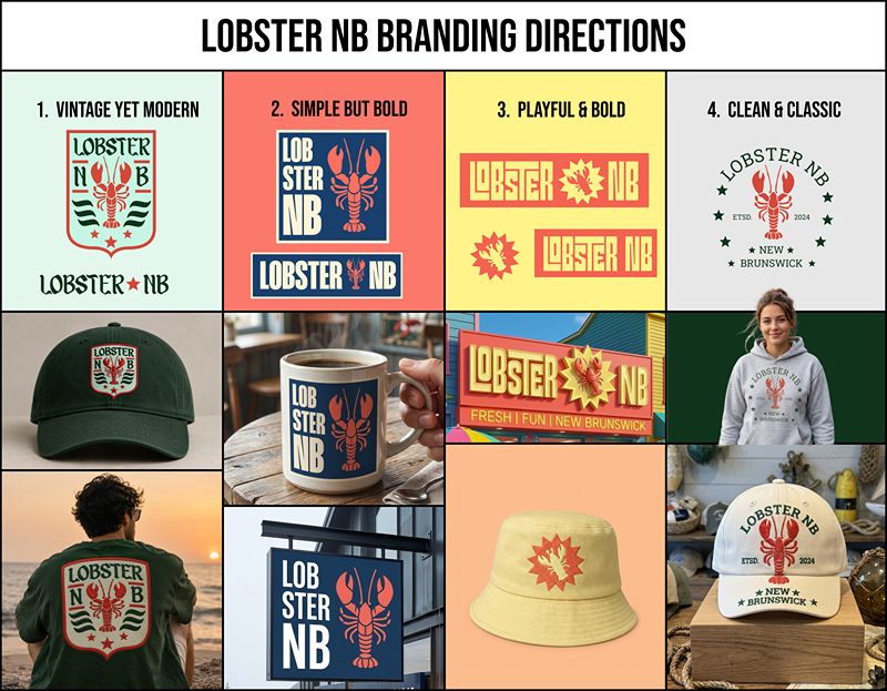 Lobster NB logo concepts shown across merchandise and signage.