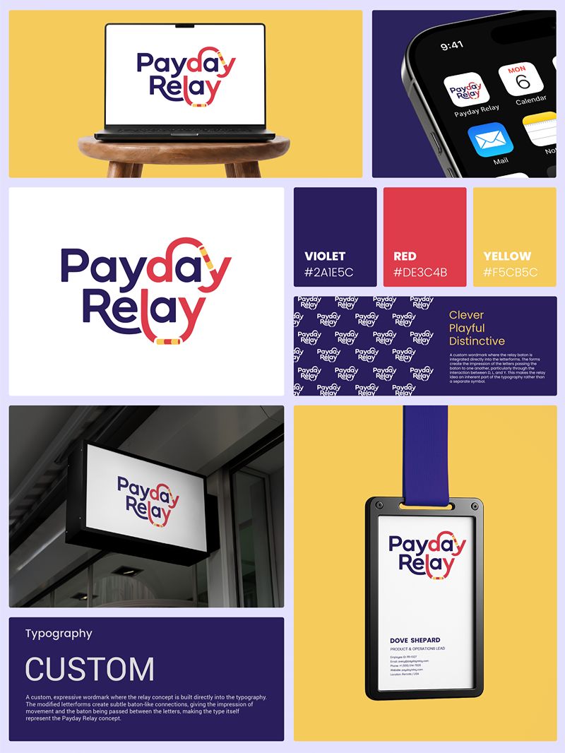 Payday Relay logo and brand identity with colorful visual applications.