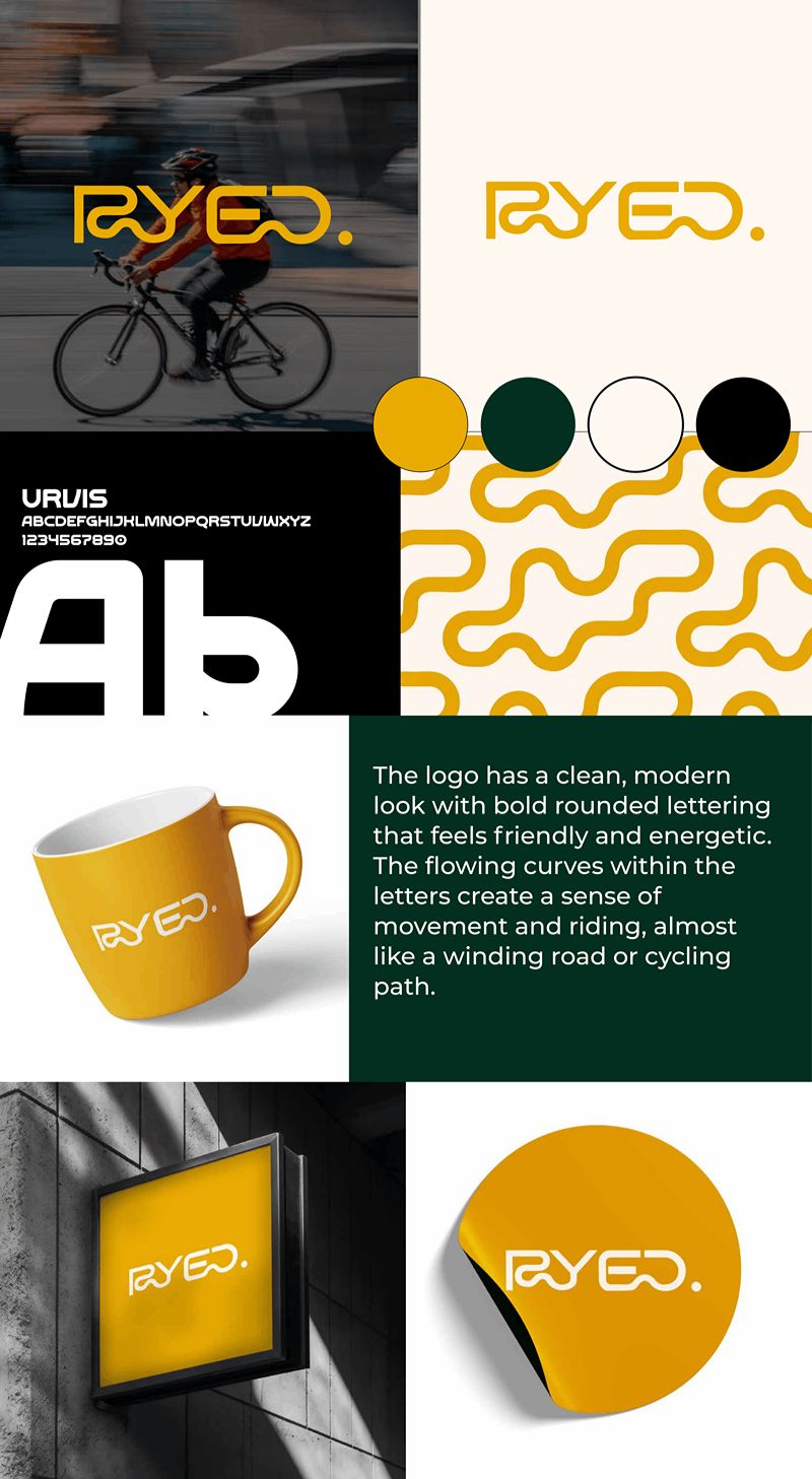 RYED logo identity with cycling-inspired branding and applications.